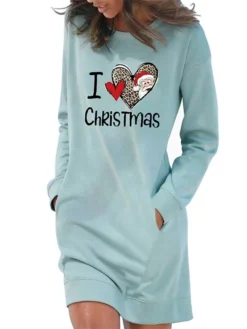 Women‘s Christmas Hoodie Dress Winter Dress Light Blue Grey White Long Sleeve Heart Letter Pocket Print Winter Fall Crew Neck Stylish Casual Fall Dress Loose Fit 2022 S M L XL 2XL / Cotton -HANs Plus Size Style Shop basusu1666175295433