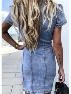 Women's Denim Dress Denim Shirt Dress Midi Dress Denim Elegant Casual Daily Vacation Shirt Collar Button Pocket Short Sleeve Summer Spring Fall 2022 Slim Light Blue Pure Color S M L XL -HANs Plus Size Style Shop bawfhk1616408147480