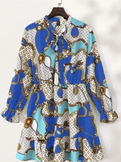 Women's Plus Size Curve Casual Dress Chiffon Dress A Line Dress Geometric Color Block Midi Dress Long Sleeve Lace Up Print Stand Collar Fashion Daily Pink Blue Fall Winter L XL XXL 3XL 4XL -HANs Plus Size Style Shop bbgcbf1695025298507