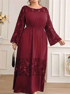 Women's Plus Size Prom Dress Party Dress Wedding Guest Dress Long Dress Maxi Dress Wine Long Sleeve Pure Color Ruched Fall Winter Autumn Crew Neck Fashion Winter Dress Wedding Guest Evening Party -HANs Plus Size Style Shop bbhnyq1693207119858