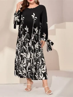 Women's Plus Size Curve Work Dress Semi Formal Dress Fashion Long Dress Maxi Dress Print Crew Neck Long Sleeve Floral Regular Fit Black Fall Winter L XL XXL 3XL 4XL