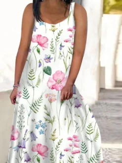 Women‘s Plus Size Curve Casual Dress Swing Dress Tank Dress Floral Long Dress Maxi Dress Sleeveless Print V Neck Modern Daily White Pink Summer Spring L XL XXL 3XL 4XL -HANs Plus Size Style Shop bbjdez1683271580834