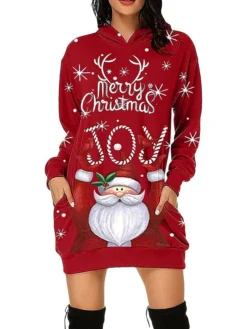 Women's Casual Dress Christmas Dress Hoodie Dress Letter Print Pocket Print Hooded Mini Dress Active Fashion Outdoor Christmas Long Sleeve Loose Fit Light Pink Black Red Fall S M L XL XXL -HANs Plus Size Style Shop bblxax1694153249748