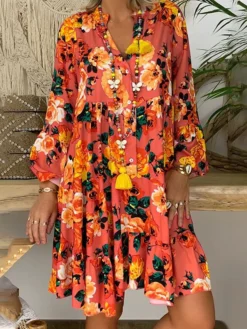 Women‘s Plus Size Curve Casual Dress Floral V Neck Print Long Sleeve Fall Spring Casual Short Mini Dress Daily Vacation Dress -HANs Plus Size Style Shop bbpaag1660643940533