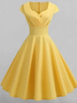 Women's Swing Dress Vintage Tea Dresses Midi Dress Black Yellow Pink Short Sleeve Pure Color Ruched Spring Summer Crew Neck Vintage Daily Weekend Slim S M L XL XXL