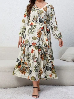 Women's Casual Dress Swing Dress Print Dress Leaf Floral Ruffle Print V Neck Long Dress Maxi Dress Fashion Streetwear Outdoor Daily Long Sleeve Regular Fit Blue Apricot Fall Winter XL XXL 3XL 4XL -HANs Plus Size Style Shop bbrgks1697539481679