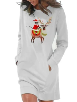 Women‘s Christmas Hoodie Dress Winter Dress Light Blue Grey White Long Sleeve Santa Claus Elk Pocket Print Winter Fall Crew Neck Stylish Casual 2022 S M L XL 2XL / Cotton -HANs Plus Size Style Shop bcekrz1666692065938