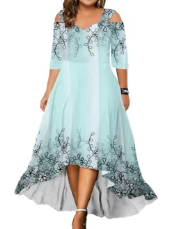 Women‘s Plus Size Curve Party Dress Wedding Guest Dress Swing Dress Long Dress Maxi Dress Light Green Fuchsia Green Half Sleeve Floral Cold Shoulder Summer Spring Fall V Neck Fashion Birthday