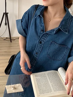 Women's Shift Dress Denim Shirt Dress Midi Dress Denim Fashion Casual Outdoor Daily Vacation Shirt Collar Button Pocket Short Sleeve Summer Spring Fall 2023 Loose Fit Blue Plain S M L XL -HANs Plus Size Style Shop bcvdjw1677036649708