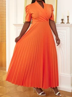 Women's Plus Size Curve Party Dress Work Dress Swing Dress Plain Long Dress Maxi Dress Short Sleeve Pleated Shirt Collar Fashion Party Orange Fall Winter XL XXL 3XL 4XL -HANs Plus Size Style Shop bdazob1694425979262