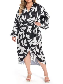 Women's Plus Size Curve Work Dress Satin Dress Wrap Dress Floral Midi Dress Long Sleeve Split V Neck Fashion Office Black Fall Winter L XL XXL 3XL 4XL -HANs Plus Size Style Shop bdeied1694772971749
