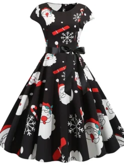 Women's Christmas Knee Length Dress Purple Wine Gray White Black Red Light Green Short Sleeve Print Bow Print Fall Winter Round Neck Casual Vintage2021 S M L XL XXL -HANs Plus Size Style Shop bdgefl1630046097431