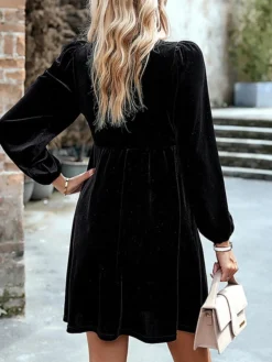 Women's Casual Dress Velvet Dress Plain Dress Mini Dress Ruched Pleated Party Holiday Date Vintage Elegant Square Neck Long Sleeve 2023 Slim Black Pink Wine Color S M L XL Size -HANs Plus Size Style Shop bdgrhk1692340911824