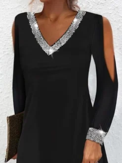Women's Casual Dress Holiday Dress Black Dress Mini Dress Black Long Sleeve Plain Sequins Summer Spring V Neck Casual Winter Dress Fall Dress 2023 S M L XL 2XL 3XL -HANs Plus Size Style Shop bdldxi1664442206007
