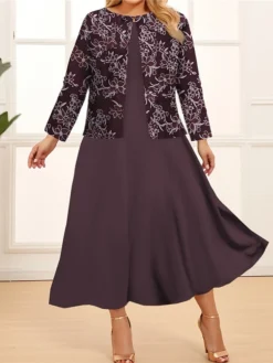 Women‘s Plus Size Curve Two Piece Dress Set Casual Dress Swing Dress Outdoor Office Fashion Streetwear Print Midi Dress Crew Neck Long Sleeve Floral Regular Fit Navy Blue Royal Blue Purple Spring Fall