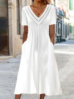 Women's Casual Dress Summer Dress Pleated Dress Plain Ruched Hollow Out V Neck Midi Dress Fashion Modern Outdoor Daily Short Sleeve Loose Fit White Summer Spring S M L XL XXL