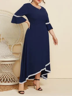 Women's Plus Size Curve Casual Dress Swing Dress A Line Dress Plain Long Dress Maxi Dress 3/4 Length Sleeve Patchwork Plus High Low Crew Neck Fashion Outdoor Dark Blue Fall Winter XL XXL 3XL 4XL -HANs Plus Size Style Shop beople1695266921344