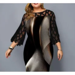 Women‘s Plus Size Curve Party Dress Color Gradient Crew Neck Print 3/4 Length Sleeve Spring Fall Elegant Knee Length Dress Date Semi Formal Dress -HANs Plus Size Style Shop besarc1662624654750