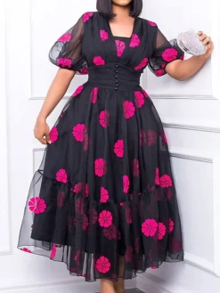 Women‘s Plus Size Curve Holiday Dress Floral V Neck Mesh Puff Sleeve Short Sleeve Fall Spring Prom Dress Maxi Long Dress Holiday Date Dress Print
