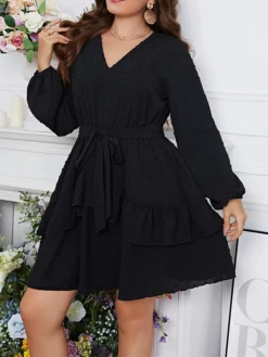 Women's Plus Size Party Dress Cocktail Dress Swing Dress Mini Dress Black Long Sleeve Pure Color Lace Up Spring Fall Winter V Neck Fashion Winter Dress Birthday Wedding Guest 2023 XL XXL 3XL 4XL -HANs Plus Size Style Shop bfcvlr1692343047848
