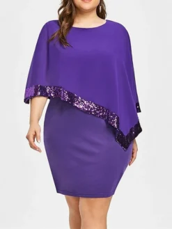 Women‘s Plus Size Curve Sequin Dress Work Dress Sheath Dress Solid Color Mini Dress Long Sleeve Crew Neck Fashion Evening Party Black Yellow Summer Spring L XL XXL 3XL 4XL -HANs Plus Size Style Shop bfjvlq1677036576947