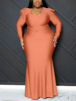 Women‘s Plus Size Curve Party Dress Bodycon Solid Color Long Dress Maxi Dress Long Sleeve Ruched V Neck Elegant Party Camel Black Summer Spring XL XXL 3XL 4XL 5XL -HANs Plus Size Style Shop bfkqod1677925415087