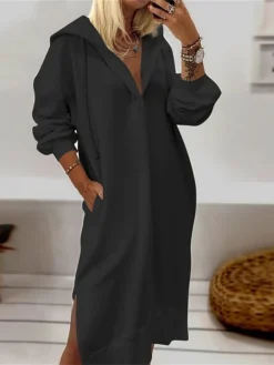 Women's Casual Dress Shift Dress Plain Dress Midi Dress Pocket Split Outdoor Daily Vacation Fashion Streetwear Hooded Long Sleeve 2023 Loose Fit Black White Brown Color S M L XL XXL Size -HANs Plus Size Style Shop bflmgg1691495875915