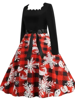 Women's Christmas Casual Dress Vintage Dress Midi Dress Black Blue Wine Long Sleeve Santa Claus Bow Winter Fall Spring Square Neck Vacation Christmas Daily Vacation 2022 S M L XL XXL 3XL -HANs Plus Size Style Shop bfnrqq1667637135837