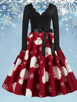 Women's Christmas Swing Dress Vintage DressKnee Length Dress Green Blue Wine Light Red Dark Green Red Long Sleeve Floral Snowman Tree Bow Print Fall Winter V Neck Vintage Fashion Casual 2022 S M L -HANs Plus Size Style Shop bfrnse1668077088497