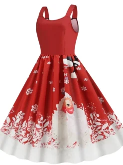 Women's Christmas Midi Dress Black Red Sleeveless Santa Claus Print Spring Summer Spaghetti Strap 2022 S M L XL 2XL -HANs Plus Size Style Shop bgaqpd1667980440477