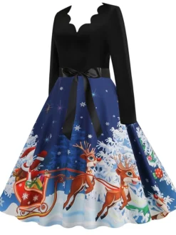 Women's Christmas Casual Dress Swing Dress Midi Dress Blue Purple Royal Blue Light Blue White Long Sleeve Santa Claus Elk Tree Bow Print Winter Fall V Neck Vacation Vintage 2022 S M L XL -HANs Plus Size Style Shop bgecyc1666927318282