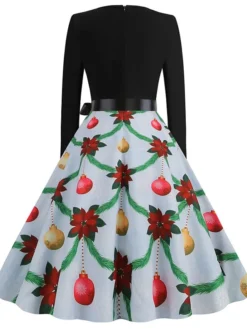 Women's Christmas Casual Dress Swing Dress Midi Dress Blue Purple Royal Blue Light Blue White Long Sleeve Santa Claus Elk Tree Bow Print Winter Fall V Neck Vacation Vintage 2022 S M L XL -HANs Plus Size Style Shop bgskvo1666927312018