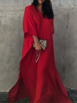 Women's Cover Up Beach Dress Beach Wear Long Dress Maxi Dress Split Basic Casual Plain V Neck 3/4 Length Sleeve Loose Fit Outdoor Daily White Yellow 2023 Spring Summer One Size -HANs Plus Size Style Shop bgtaou1672912301794