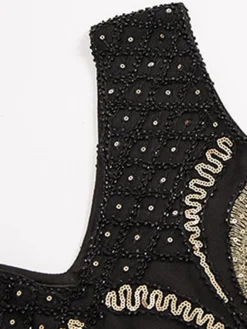 Women's Retro 1920s Fringe Dress Midi Dress Party Halloween Sequins Tassel Fringe Floral V Neck Sleeveless Regular Fit Spring Fall 2023 Black Gold S M L XL -HANs Plus Size Style Shop bguqnf1692947811326