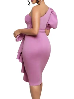 Women‘s Plus Size Curve Party Dress Solid Color One Shoulder Ruffle Short Sleeve Spring Fall Prom Dress Midi Dress Casual Daily Dress -HANs Plus Size Style Shop bgvsbk1657187570977