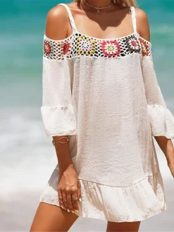 Women's Cover Up Beach Dress Beach Wear Mini Dress Ruffle Backless Ethnic Casual Floral Spaghetti Strap 3/4 Length Sleeve Loose Fit Outdoor Daily Black White 2023 Spring Summer One Size -HANs Plus Size Style Shop bhfpxz1672903074146