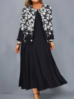 Women's Plus Size Curve Casual Dress Dress Set Two Piece Dress Floral Gradient Midi Dress Long Sleeve Print Crew Neck Mature Outdoor Black Pink Fall Winter L XL XXL 3XL 4XL -HANs Plus Size Style Shop bhnnrn1695095966130