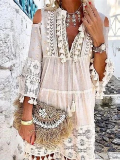 Women's Casual Dress Lace Dress White Dress Midi Dress Lace Patchwork Daily Holiday Vacation Streetwear Basic V Neck Long Sleeve 2023 Loose Fit White Color S M L XL XXL Size