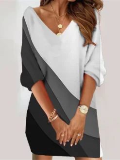 Women's Casual Dress Sweatshirt Dress Summer Dress Geometric Color Block Print V Neck Mini Dress Fashion Streetwear Outdoor Daily 3/4 Length Sleeve Loose Fit Black And White White Dark Gray Summer -HANs Plus Size Style Shop biejrs1689330499514