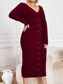 Women's Plus Size Curve Party Dress Sweater Dress Bodycon Plain Midi Dress Long Sleeve Button V Neck Fashion Party Wine Fall Winter XL XXL 3XL -HANs Plus Size Style Shop bihosz1695191644886