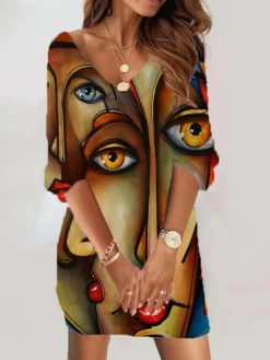 Women's Casual Dress Bodycon Sheath Dress Mini Dress Yellow 3/4 Length Sleeve Abstract Print Fall Winter Autumn V Neck Vacation Loose Fit 2023 S M L XL XXL 3XL 4XL 5XL