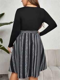 Women's Plus Size Curve Party Dress Winter Dress Black Dress Geometric Midi Dress Long Sleeve Patchwork Bow Crew Neck Fashion Party Black Fall Winter XL XXL 3XL 4XL -HANs Plus Size Style Shop biuzdb1695103067541