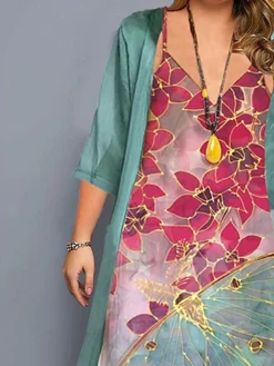 Women‘s Plus Size Curve Two Piece Dress Floral Crew Neck Print 3/4 Length Sleeve Fall Spring Casual Maxi Long Dress Daily Holiday Dress -HANs Plus Size Style Shop bixbqe1630319314169