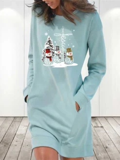 Women's Casual Dress Sweatshirt Dress Winter Dress Mini Dress Light Blue White Grey Long Sleeve Snowman Pocket Fall Winter Autumn Crew Neck Stylish Christmas Loose Fit 2023 S M L XL 2XL
