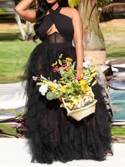 Women's Plus Size Curve Party Dress Swing Dress Halter Neck Dress Plain Long Dress Maxi Dress Sleeveless Mesh Backless Halter Neck Fashion Party Black Pink Fall Winter XL XXL 3XL 4XL 5XL -HANs Plus Size Style Shop bjohro1694151478059