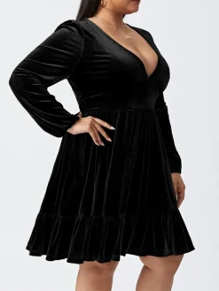Women‘s Plus Size Curve Party Dress Velvet Dress Cocktail Dress Mini Dress Black Wine Royal Blue Long Sleeve Pure Color Ruched Spring Fall Winter V Neck Fashion Birthday Wedding Guest Vacation 2023 -HANs Plus Size Style Shop bjqqxw1692176736394