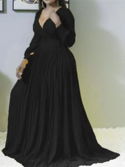 Women‘s Plus Size Curve Casual Dress Solid Color V Neck Ruched Long Sleeve Fall Winter Stylish Casual Maxi Long Dress Daily Date Dress -HANs Plus Size Style Shop bjzptb1663739323444