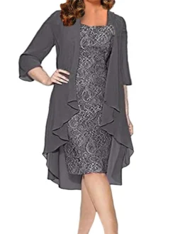 Women‘s Plus Size Curve Dress Set Solid Color Strap 3/4 Length Sleeve Spring Fall Elegant Formal Midi Dress Formal Office Dress -HANs Plus Size Style Shop bjzvsw1669887516718