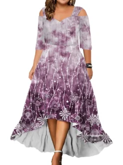 Women‘s Plus Size Curve Party Dress Wedding Guest Dress Swing Dress Long Dress Maxi Dress Blue Light Purple Purple 3/4 Length Sleeve Floral Cold Shoulder Summer Spring Fall V Neck Fashion Birthday -HANs Plus Size Style Shop bkamti1690428398769