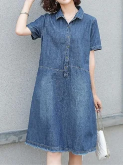 Women's Denim Dress Casual Dress Midi Dress Denim Basic Casual Outdoor Daily Vacation Shirt Collar Button Short Sleeve Summer Spring Fall 2023 Loose Fit Blue Plain S M L XL